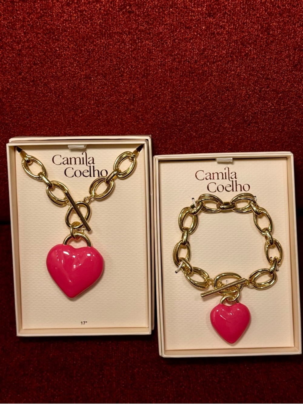 NWT Camila Coelho Pink Heart Pendant Gold Chain Necklace & Bracelet Set New